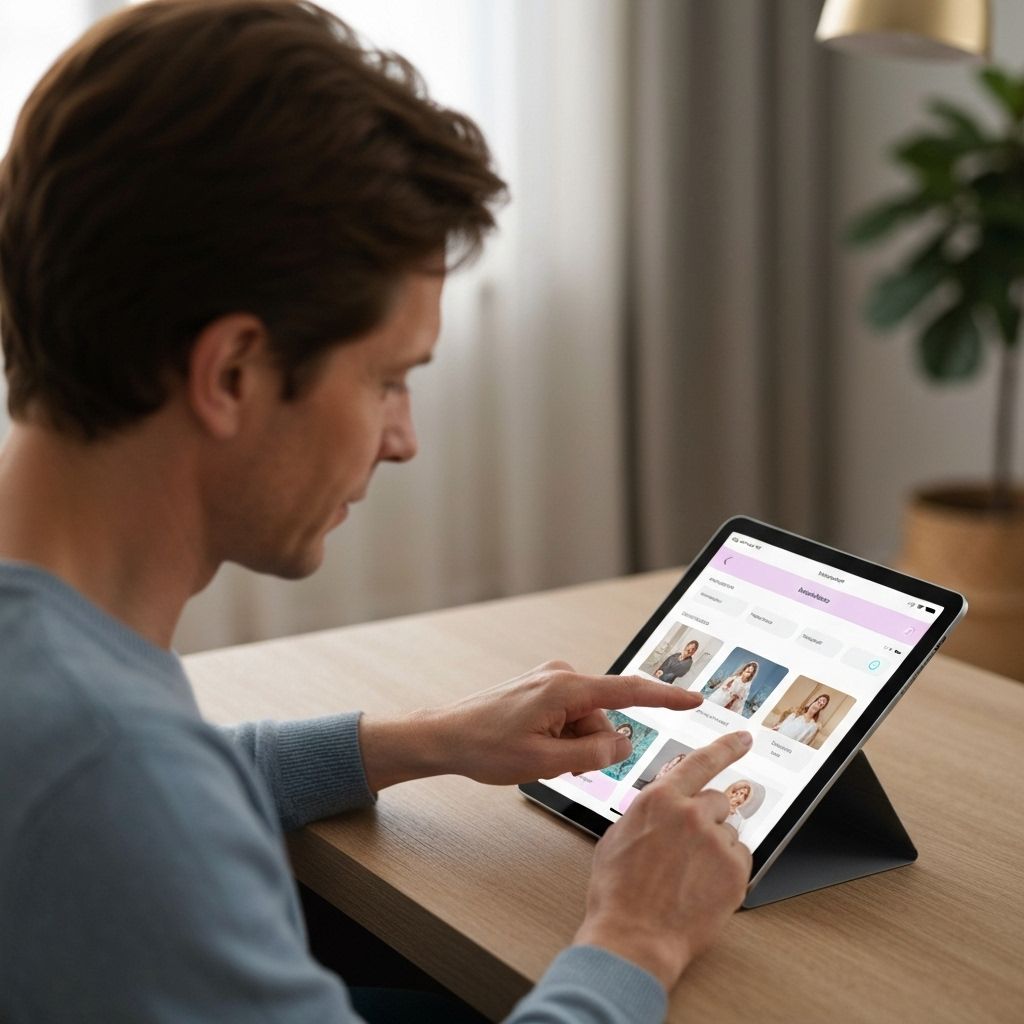 Elegant couple entering wedding details on modern device
