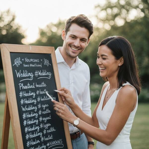 Happy couple selecting their favorite wedding hashtag from generated options
