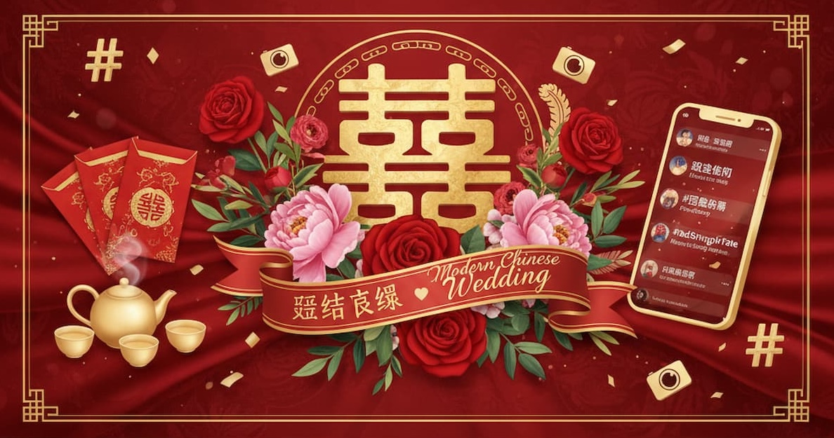 Chinese wedding hashtag ideas showing bilingual combinations with traditional symbols like double happiness, red envelopes, dragon phoenix imagery, and cultural elements for multicultural Chinese celebrations