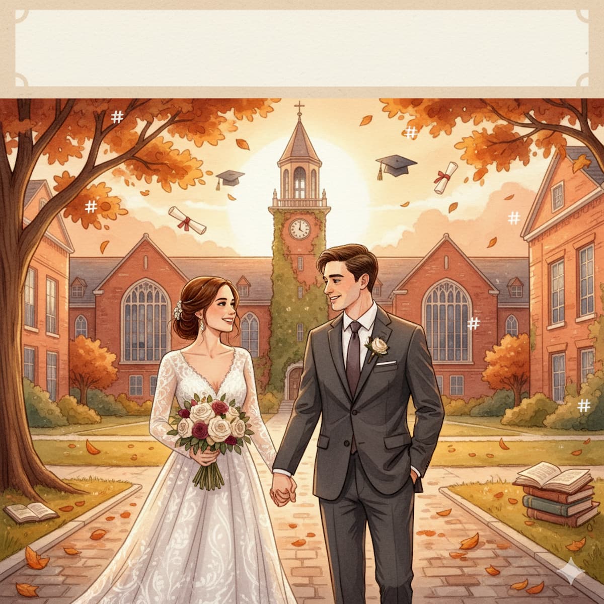 College sweetheart wedding hashtag ideas - Nostalgic university couple hashtags celebrating campus love stories from dorm rooms to forever, featuring alma mater romance and young couple millennial wedding inspiration