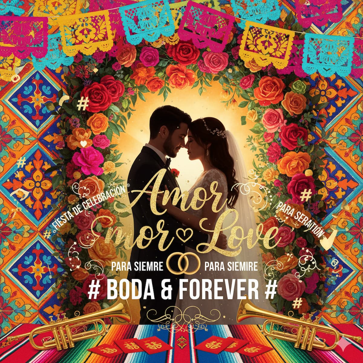 Hispanic wedding hashtag ideas featuring vibrant Spanish English bilingual combinations Latino cultural symbols traditional Mexican wedding elements colorful fiesta celebration motifs and romantic Spanish phrases for authentic multicultural wedding celebrations