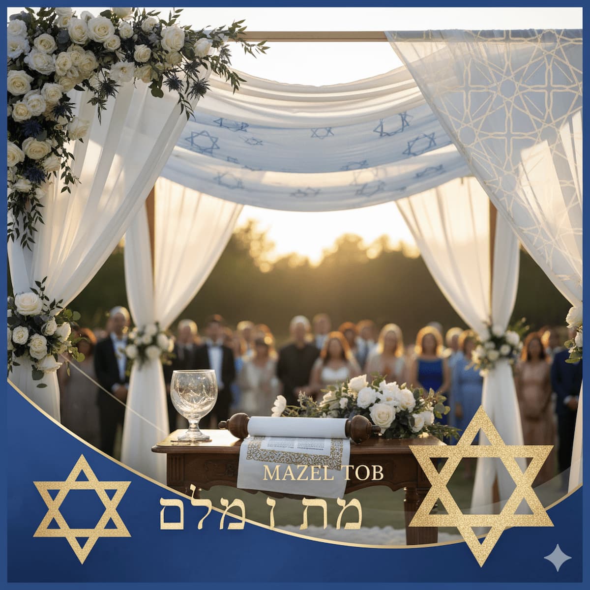 Jewish wedding hashtag ideas featuring Hebrew calligraphy, Star of David, chuppah ceremony, and Mazel Tov celebration elements with traditional and modern design aesthetic