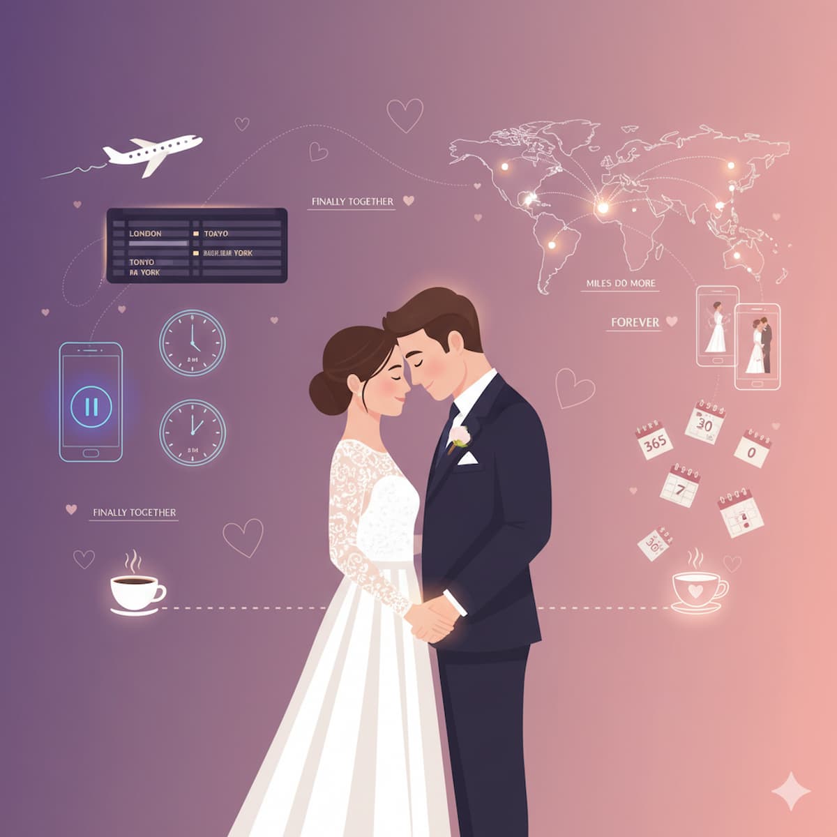 Long distance relationship wedding hashtag ideas - Finally together hashtags for LDR couples celebrating the end of miles apart and the beginning of forever together, featuring airport love stories, video call romance, and cross-country commitment