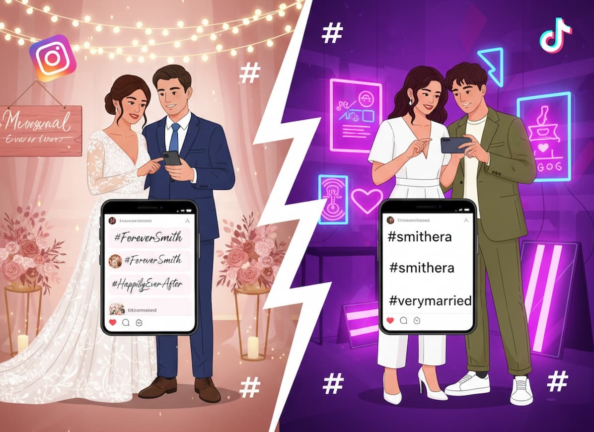Millennial vs Gen Z wedding hashtags comparison - Young couples creating generation-specific hashtags showing different styles from romantic Instagram puns to viral TikTok-ready tags