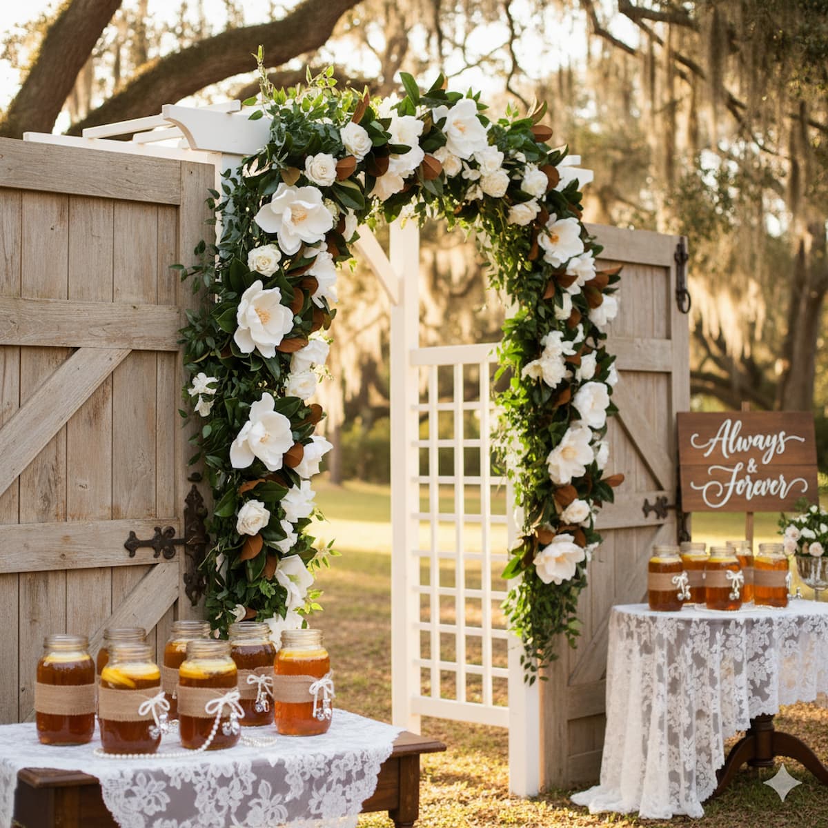 Elegant southern wedding ceremony with magnolia flowers, rustic barn venue and sweet tea charm creating perfect southern charm wedding atmosphere