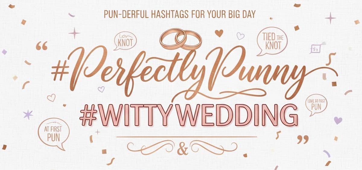 Creative wedding hashtag puns guide showing clever wordplay examples with typography and wedding elements for smart couples seeking funny and witty hashtag inspiration