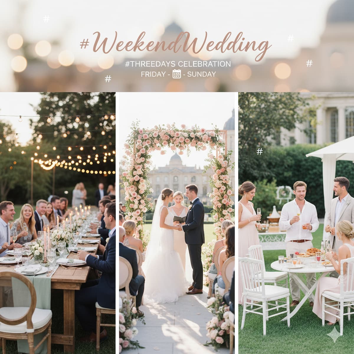 Weekend wedding hashtag guide showing multi-day celebration hashtag ideas for three-day wedding events including rehearsal dinners, ceremonies, receptions, and farewell brunches with multi-event hashtag system design