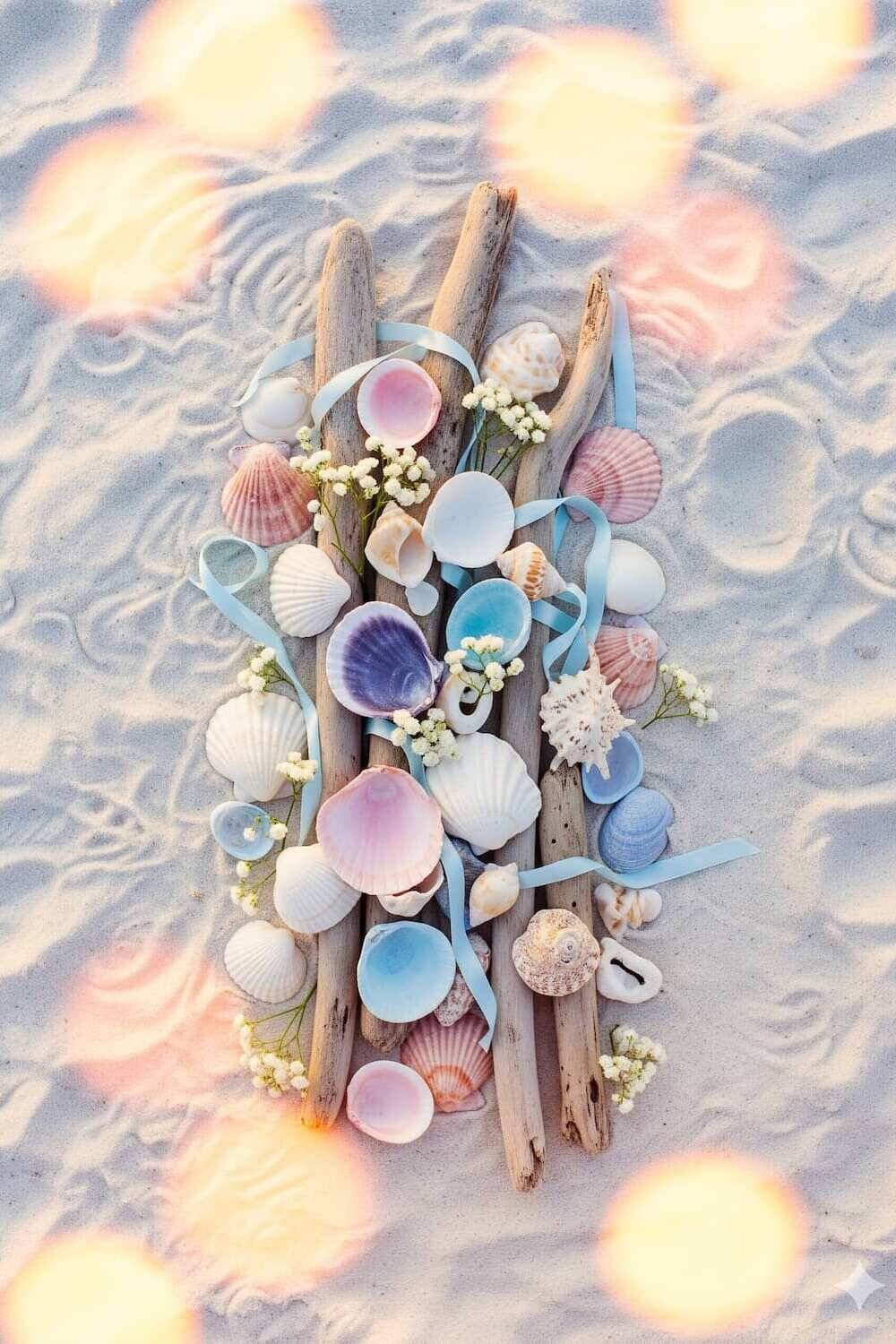 Pastel beach wedding arch with seashell accents at sunset