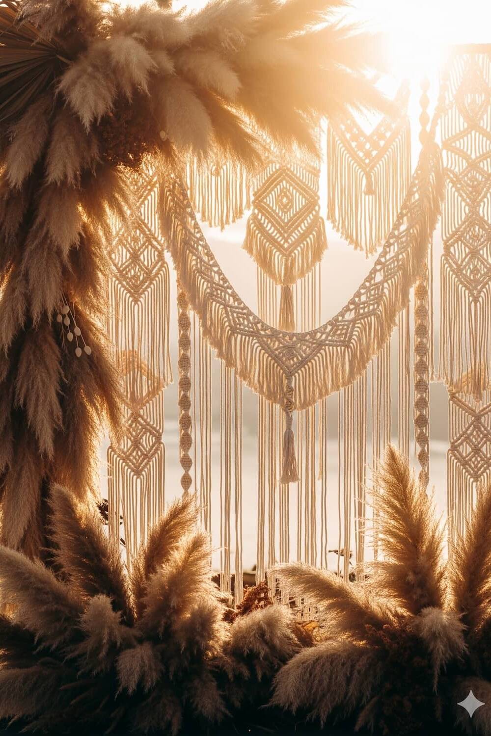 Backlit pampas grass and macramé boho wedding backdrop