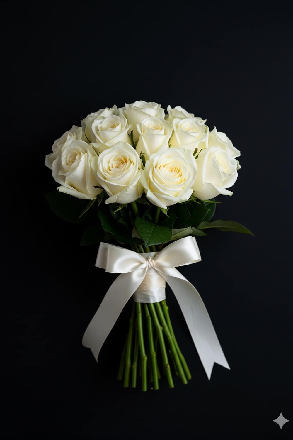 White rose bouquet and satin ribbon on timeless black