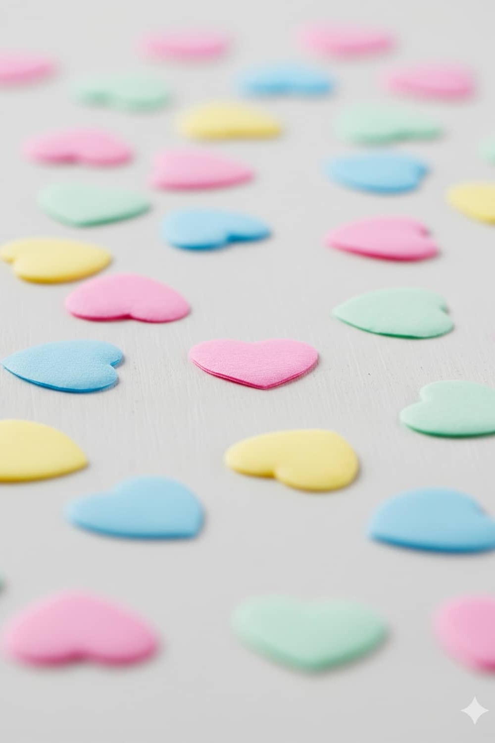 Pastel confetti hearts and small wedding trinkets flat lay
