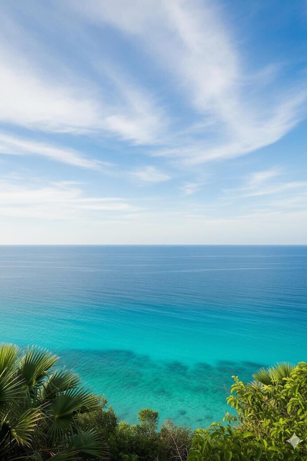 Tropical cliff viewpoint over turquoise ocean with open sky