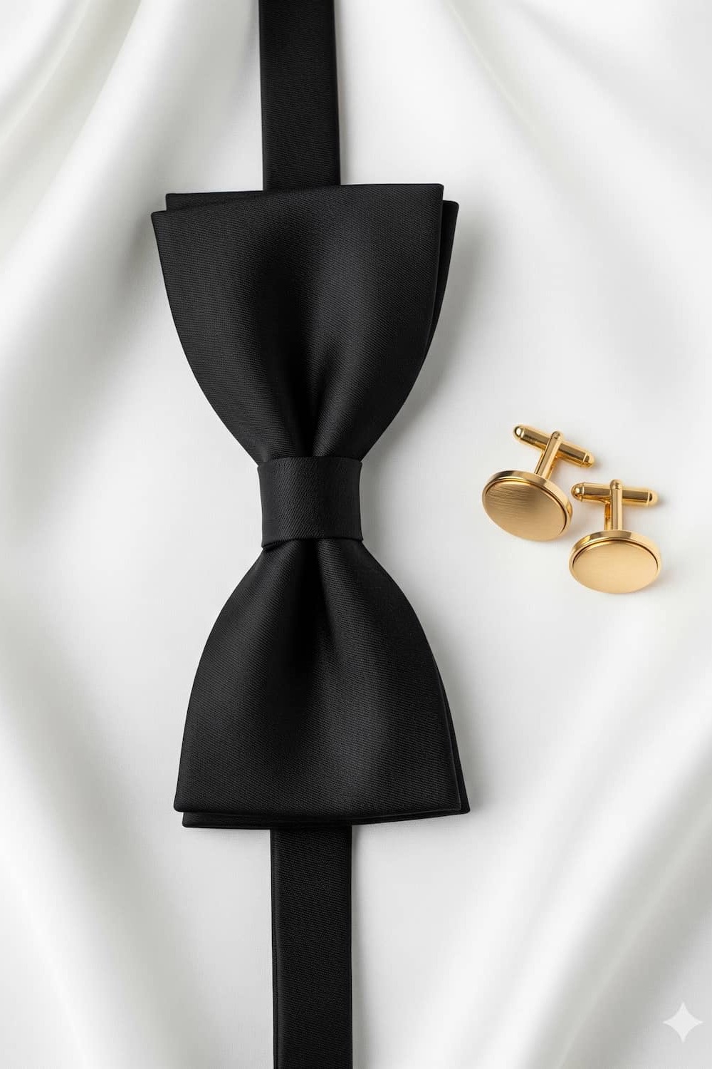 Black bow tie, cufflinks and tux details on satin