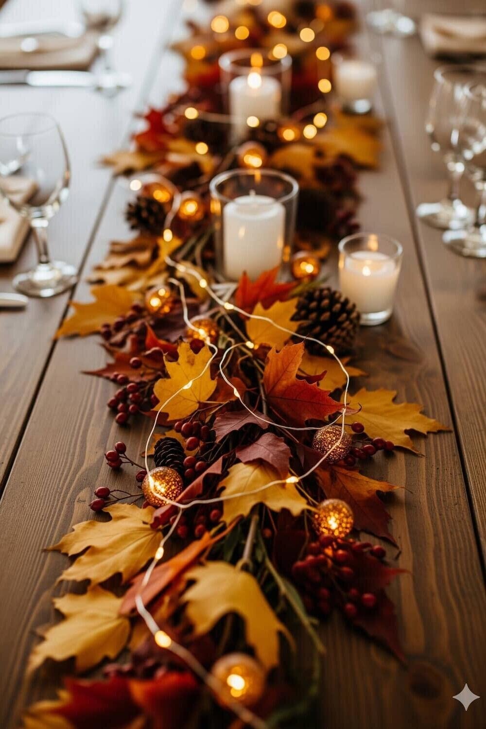 Autumn wedding table with amber leaves and warm candlelight