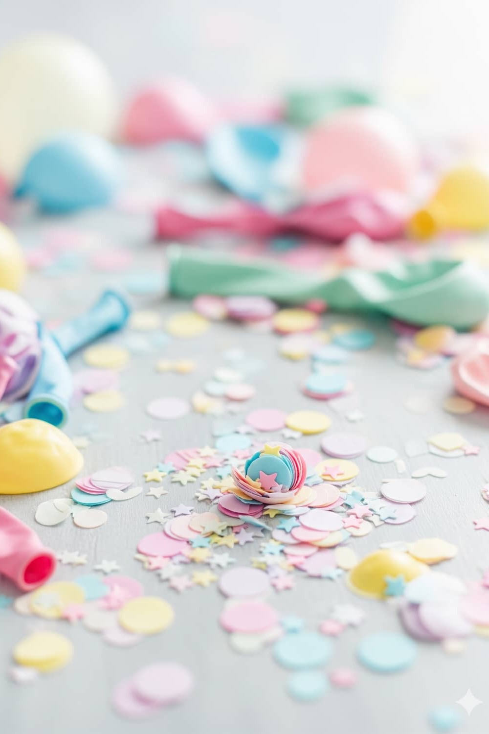 Whimsical pastel confetti and balloons with soft focus