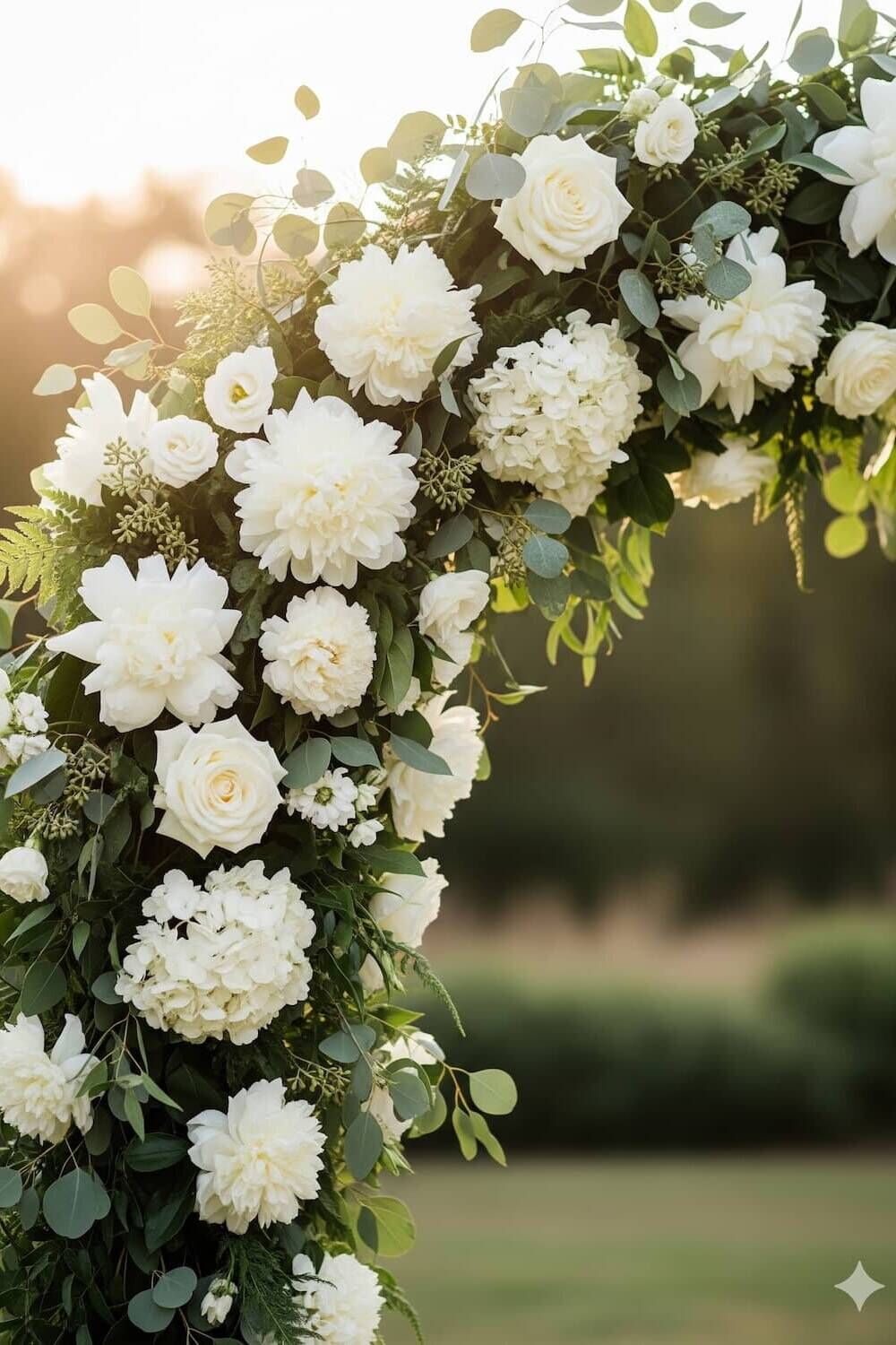 White floral garden arch with soft greenery and bokeh