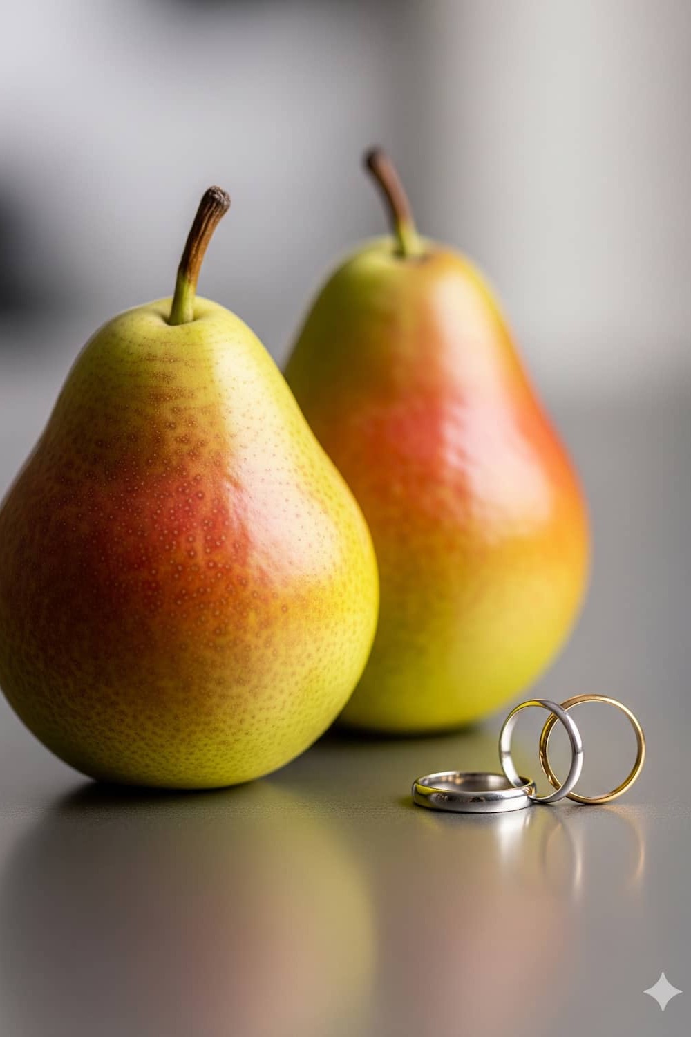 Two pears with intertwined rings, playful visual pun