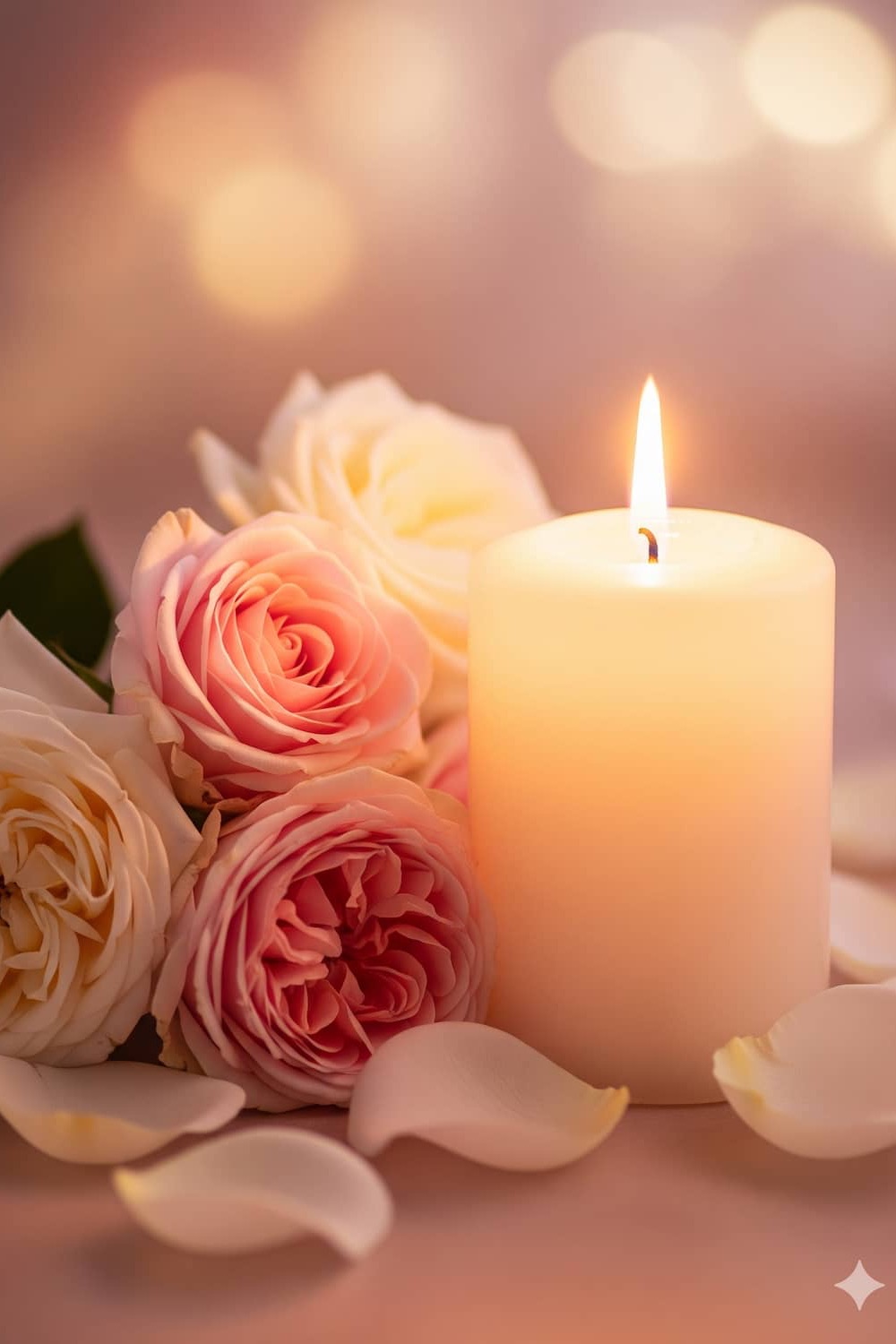 Roses and candlelight with soft haze, romantic palette