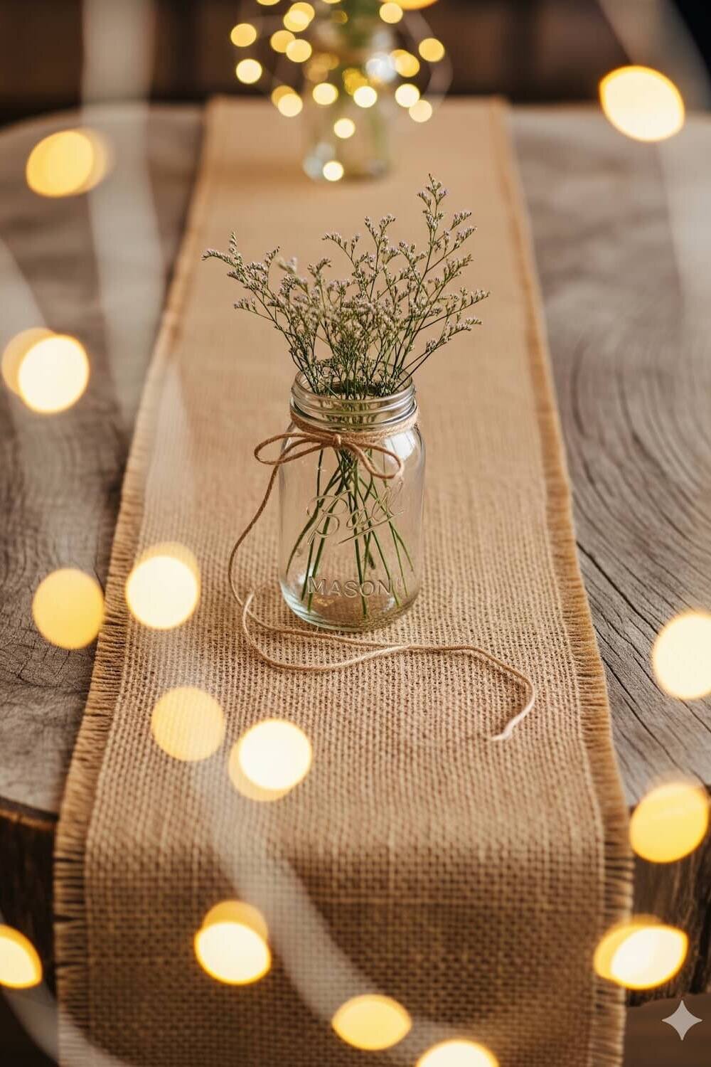 Rustic wedding flat lay with burlap, mason jar and string lights