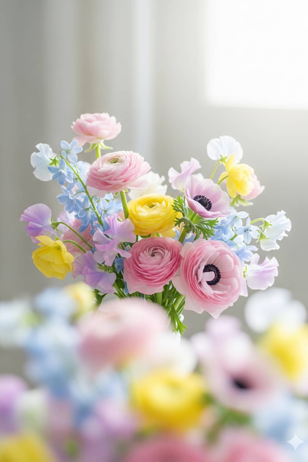 Soft pink blossom bouquet with airy spring light