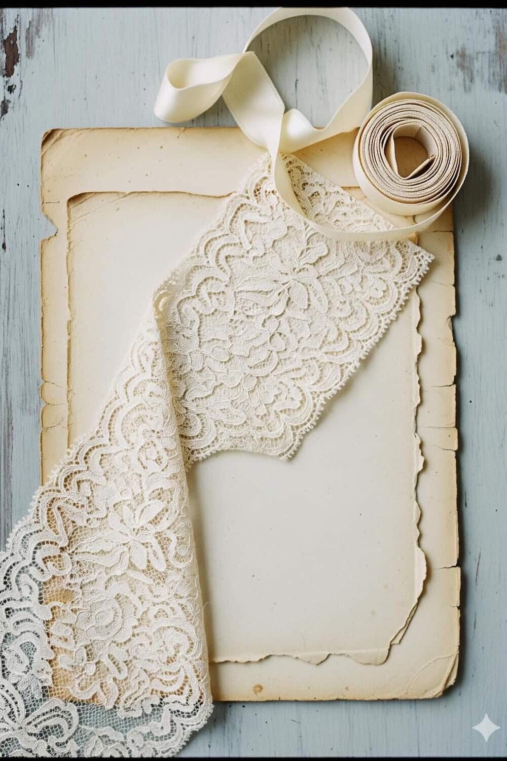Lace and old paper vintage wedding flat lay with film grain