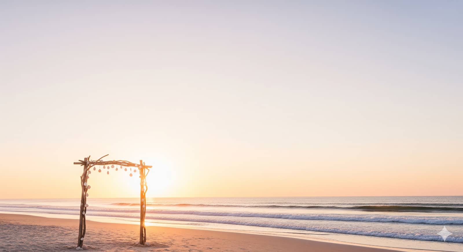 Pastel beach wedding arch with seashell accents at sunset