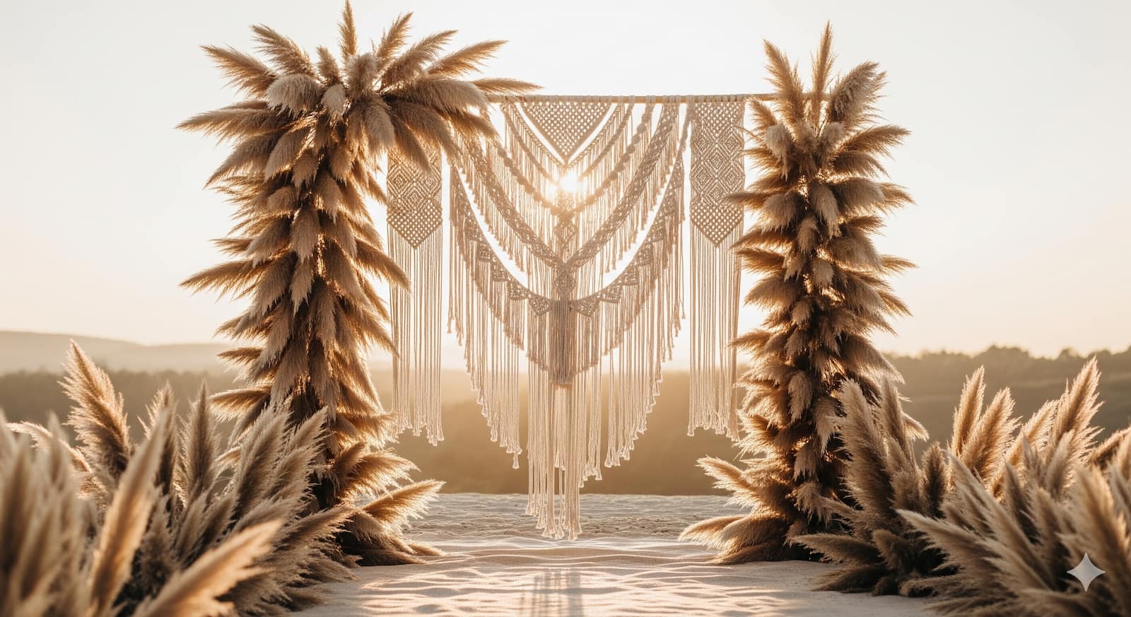 Backlit pampas grass and macramé boho wedding backdrop