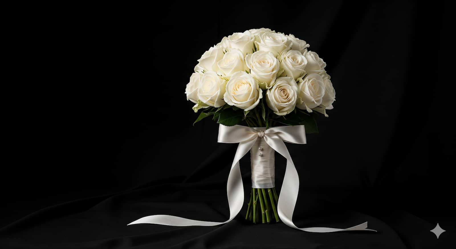 White rose bouquet and satin ribbon on timeless black