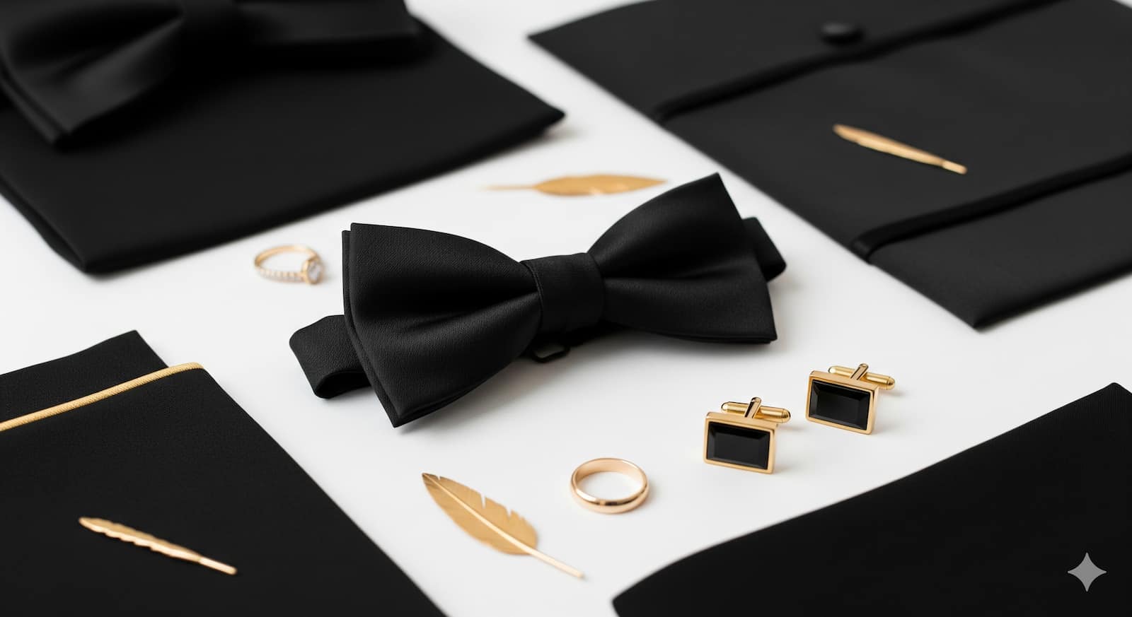 Black bow tie, cufflinks and tux details on satin