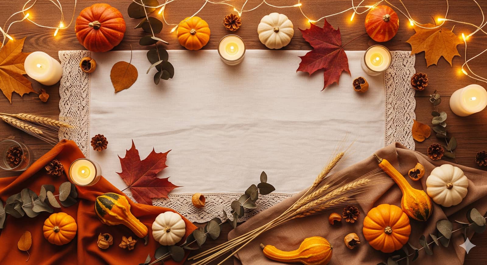 Autumn wedding table with amber leaves and warm candlelight