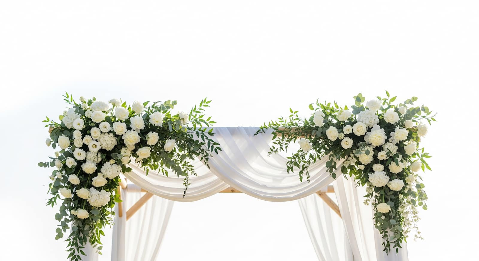 White floral garden arch with soft greenery and bokeh