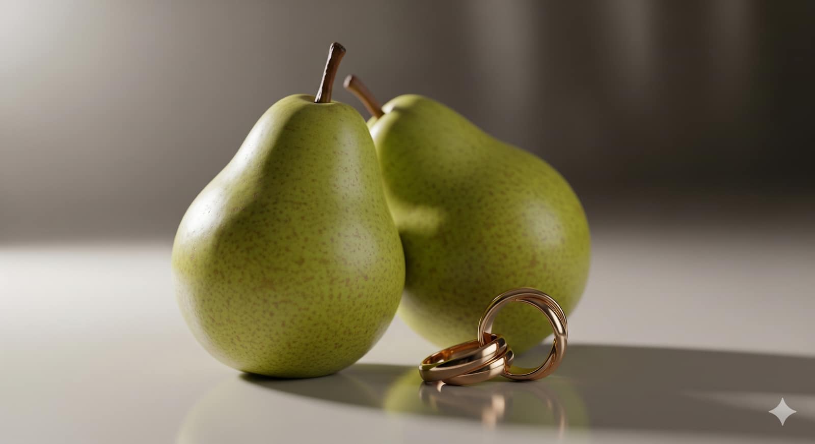 Two pears with intertwined rings, playful visual pun