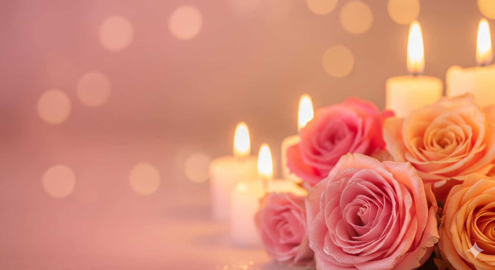 Roses and candlelight with soft haze, romantic palette