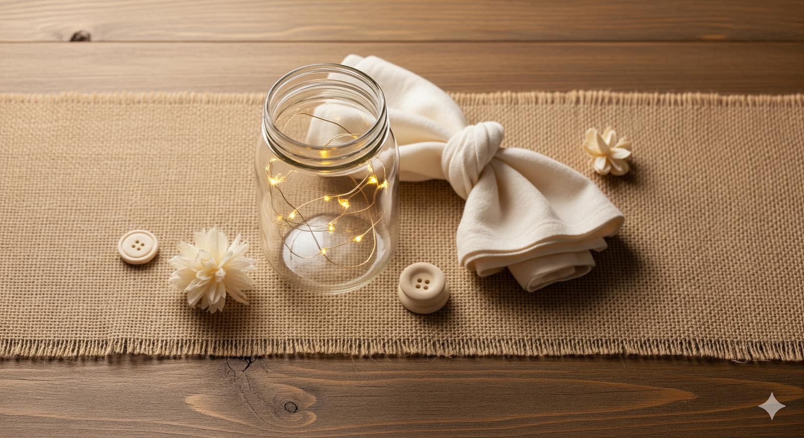 Rustic wedding flat lay with burlap, mason jar and string lights