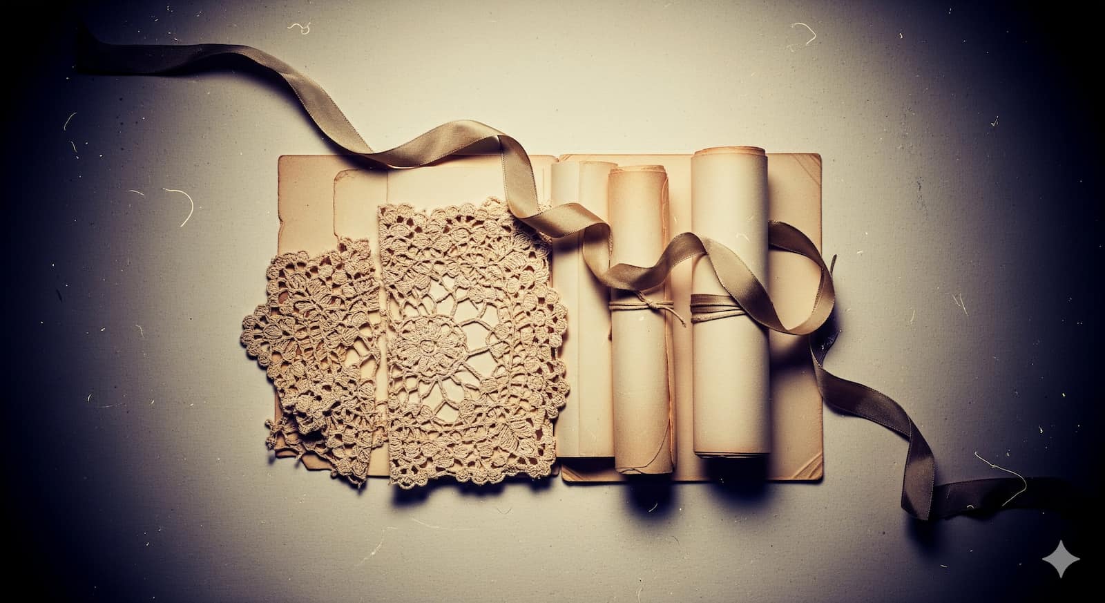 Lace and old paper vintage wedding flat lay with film grain